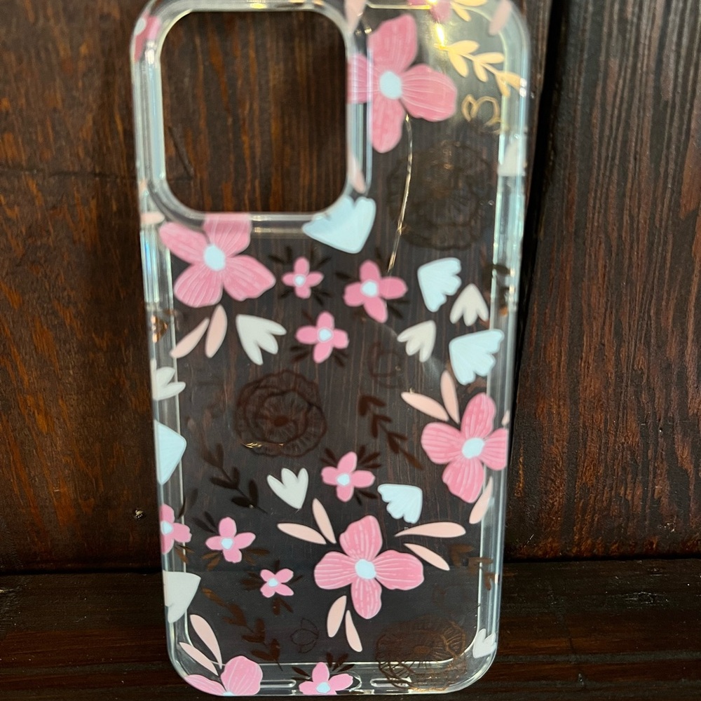 iPhone 14 Pro Max Floral Clear Phone Case - Pink, White and Gold